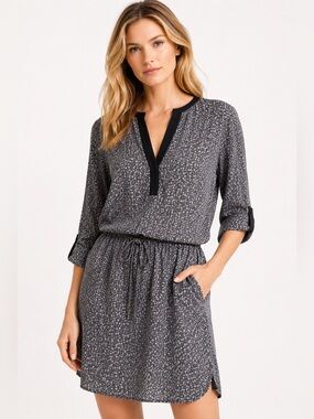 Vince Silk Shirt Dress Medium Gray Black Print Drawstring Waist Pockets